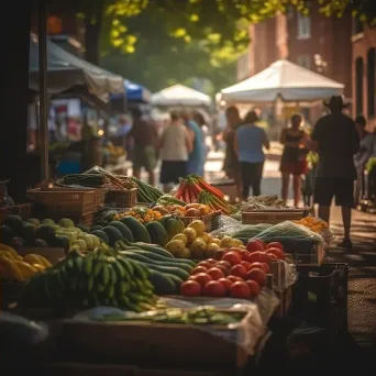 Small town street market with vendors selling fresh produce and goods in a bustling atmosphere - Image 4