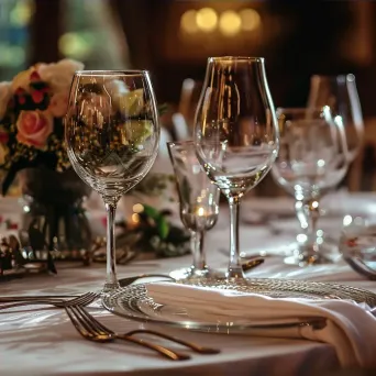 Fine dining table with wine glasses, cutlery, and floral decor, shot on Nikon D750 - Image 4