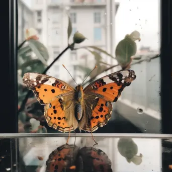 Image of a vibrant butterfly with its reflection as a dull moth on a window - Image 1