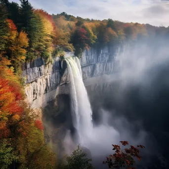 Waterfall with a rainbow falling over cliffs and autumn trees - Image 1