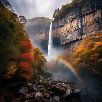 Waterfall with a rainbow falling over cliffs and autumn trees - Image 3