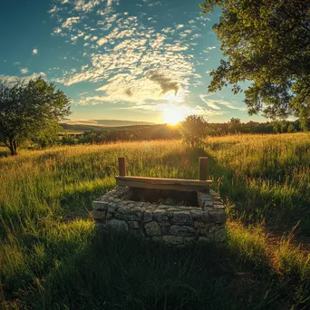 Traditional well in a sunlit meadow with wooden and stone features - Image 1