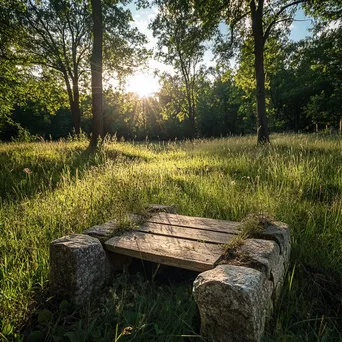 Traditional well in a sunlit meadow with wooden and stone features - Image 3