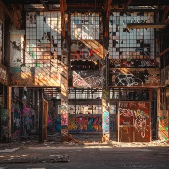 Abandoned urban warehouse with graffiti walls - Image 1