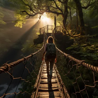 Hiker crossing a rope bridge in a dense forest - Image 1