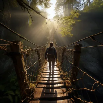 Hiker crossing a rope bridge in a dense forest - Image 3