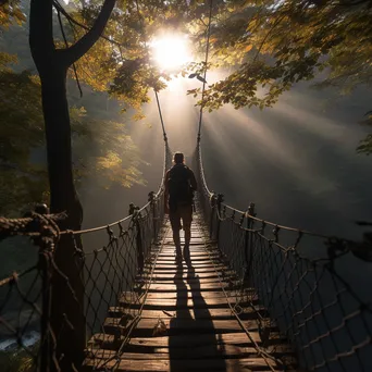 Hiker crossing a rope bridge in a dense forest - Image 4