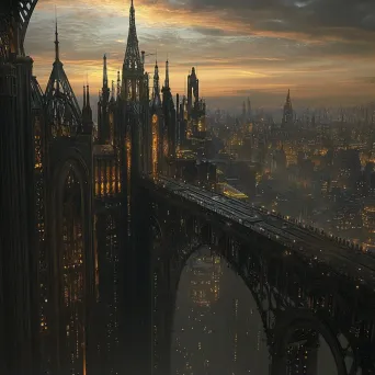 Gothic architecture in a steampunk metropolis skyline at dusk, inspired by H.R. Giger