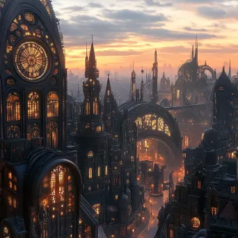 Gothic architecture in a steampunk metropolis skyline at dusk, inspired by H.R. Giger