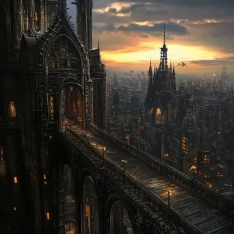 Gothic architecture in a steampunk metropolis skyline at dusk, inspired by H.R. Giger