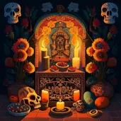 Vibrant Dia de los Muertos altar with marigold flowers and lit candles in Mexico - Image 1