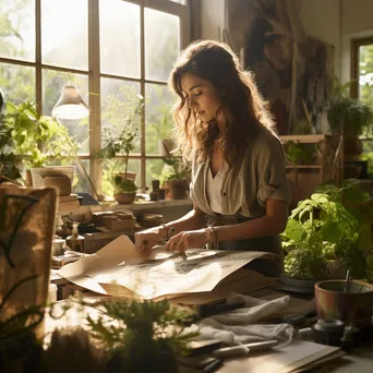 Artisan crafting paper with natural fibers in a sunny studio. - Image 1