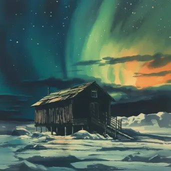 Single wooden cabin surrounded by a vast snowfield under the northern lights - Image 1