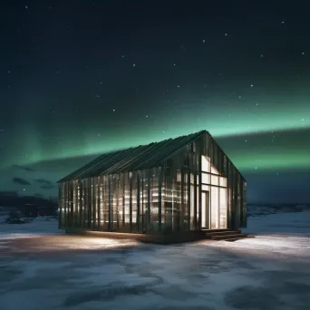 Single wooden cabin surrounded by a vast snowfield under the northern lights - Image 3