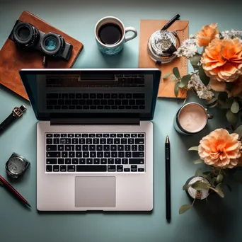 Flat lay of a laptop and smartphone on a desk - Image 1