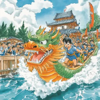 Comic-style illustration of community in an annual dragon boat race - Image 1