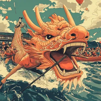 Comic-style illustration of community in an annual dragon boat race - Image 2