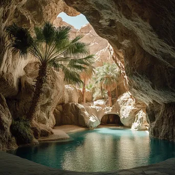 Oasis surrounded by rock formations and palm trees - Image 2