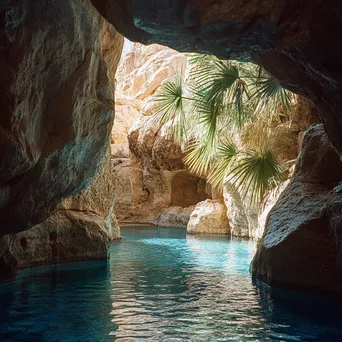 Oasis surrounded by rock formations and palm trees - Image 3