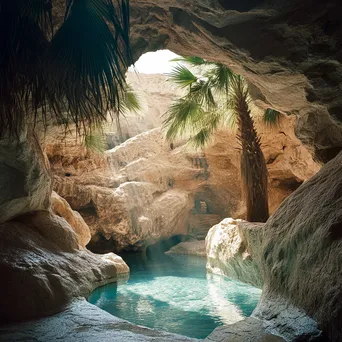 Oasis surrounded by rock formations and palm trees - Image 4