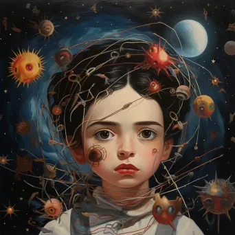 Surreal oil painting of war-survivor child with galaxies in their eyes - Image 2