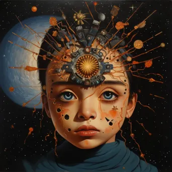 Surreal oil painting of war-survivor child with galaxies in their eyes - Image 3