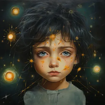 Surreal oil painting of war-survivor child with galaxies in their eyes - Image 4