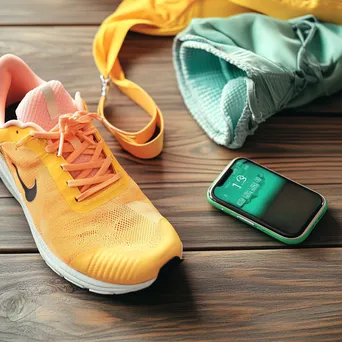 Flat lay of activewear, sneakers, and fitness tracker on a wooden table with bright light. - Image 1