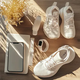 Flat lay of activewear, sneakers, and fitness tracker on a wooden table with bright light. - Image 2