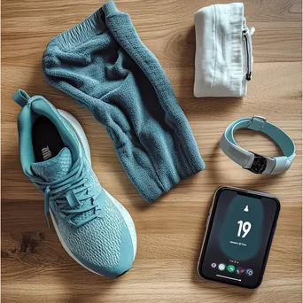 Flat lay of activewear, sneakers, and fitness tracker on a wooden table with bright light. - Image 3