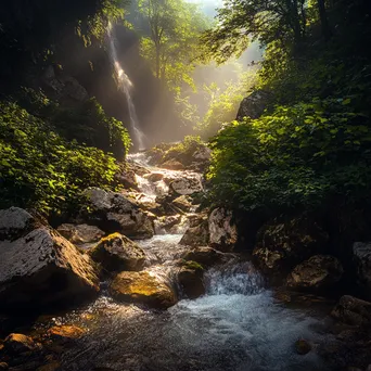 Secluded mountain stream flowing through rocky canyon with dappled sunlight. - Image 3