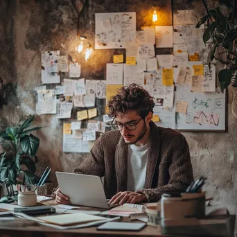 An entrepreneur working in a cozy workspace surrounded by notes and a vision board. - Image 2