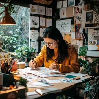 An entrepreneur working in a cozy workspace surrounded by notes and a vision board. - Image 3