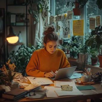 An entrepreneur working in a cozy workspace surrounded by notes and a vision board. - Image 4