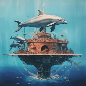 Dolphins playing around sunken pirate ship in clear blue sea - Image 2