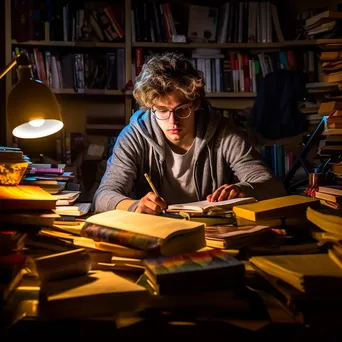 Student studying late at night with books and a desk lamp. - Image 1