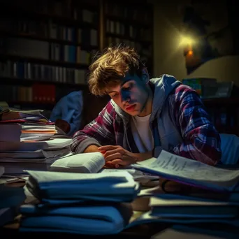 Student studying late at night with books and a desk lamp. - Image 2