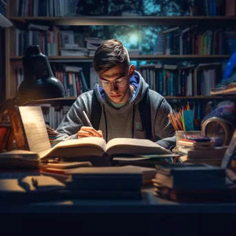 Student studying late at night with books and a desk lamp. - Image 4