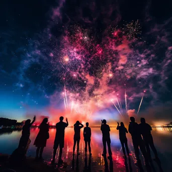 Fireworks illuminating the night sky over a lake - Image 1