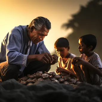 Elder pearl diver teaching young apprentices on shore - Image 2