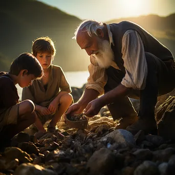 Elder pearl diver teaching young apprentices on shore - Image 3