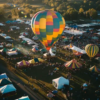 Hot air balloons flying over a colorful carnival with crowds - Image 1