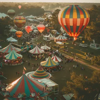 Hot air balloons flying over a colorful carnival with crowds - Image 2