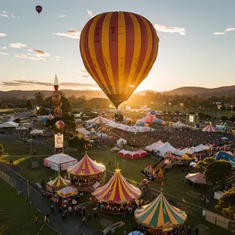 Hot air balloons flying over a colorful carnival with crowds - Image 3