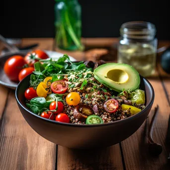 A colorful bowl of quinoa salad with avocado, tomatoes, and arugula on a rustic table. - Image 1