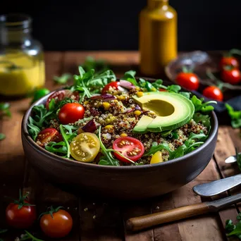 A colorful bowl of quinoa salad with avocado, tomatoes, and arugula on a rustic table. - Image 3