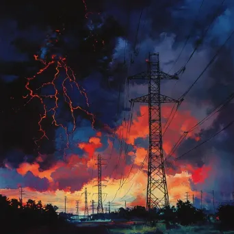 Vividly colored scene of electricity pylons amidst a thunderstorm, reflecting Caravaggio