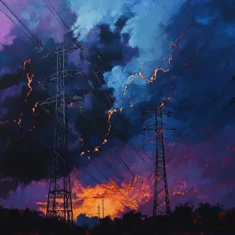 Vividly colored scene of electricity pylons amidst a thunderstorm, reflecting Caravaggio