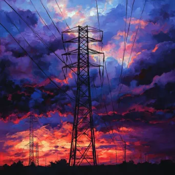 Vividly colored scene of electricity pylons amidst a thunderstorm, reflecting Caravaggio