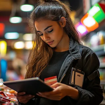 Cashier aiding a customer through a digital loyalty program using a tablet. - Image 1